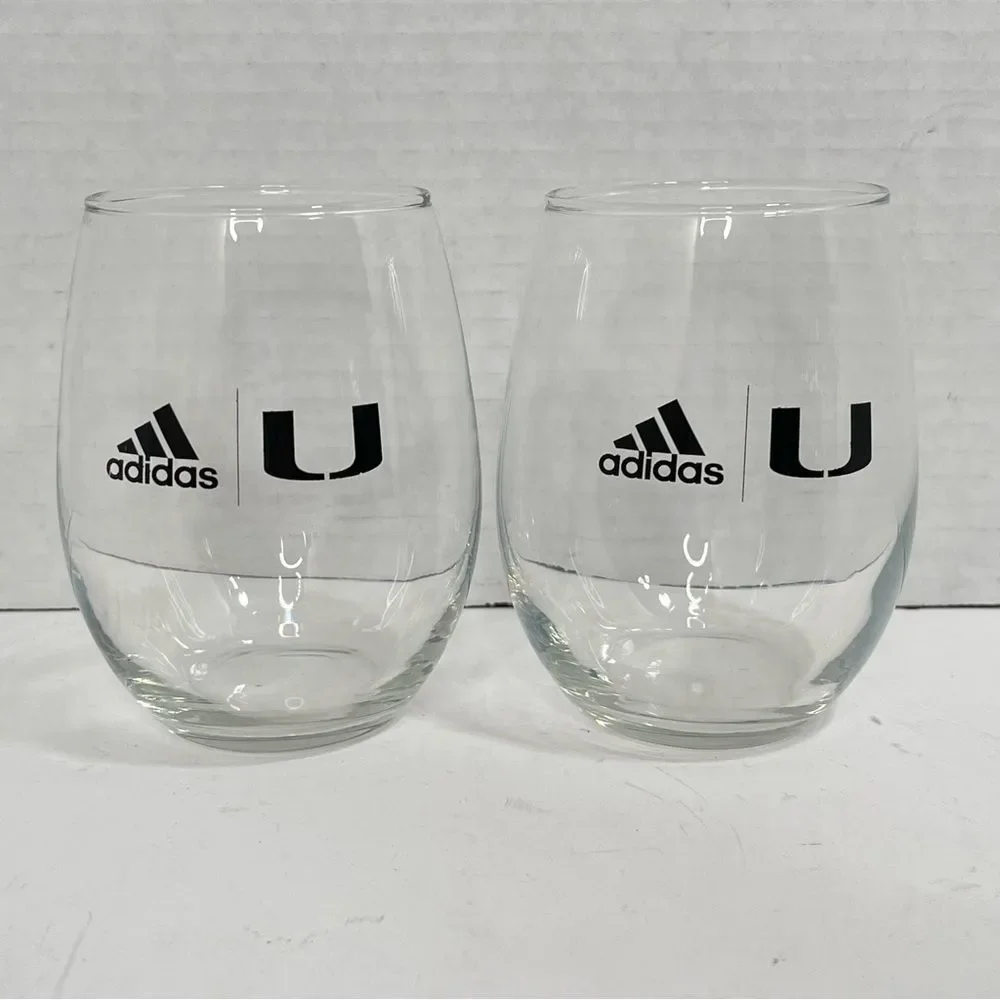 Adidas University of Miami Hurricanes Stemless Wine Glasses UM Clear Set of 2